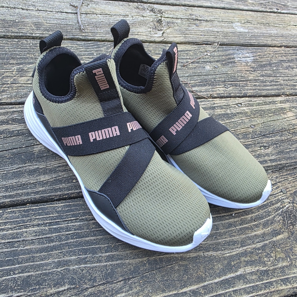 Puma Women's Olive and Black Athletic Slip Ons